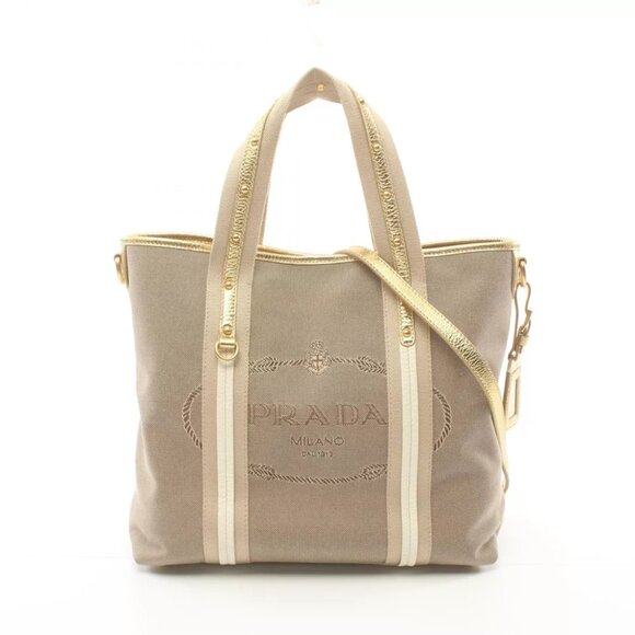 PRADA Logo jacquard Tote Bag canvas leather Beige Gold Used Women - Picture 1 of 8